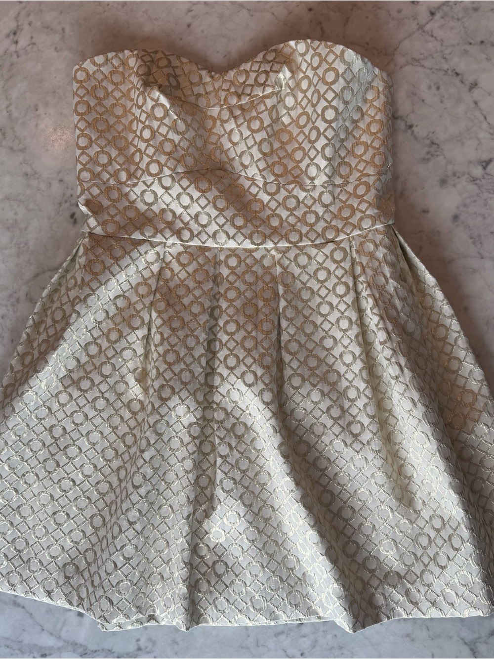 NWOT - Alex + Alex Strapless Metallic Gold Patterned Fit & Flare Dress